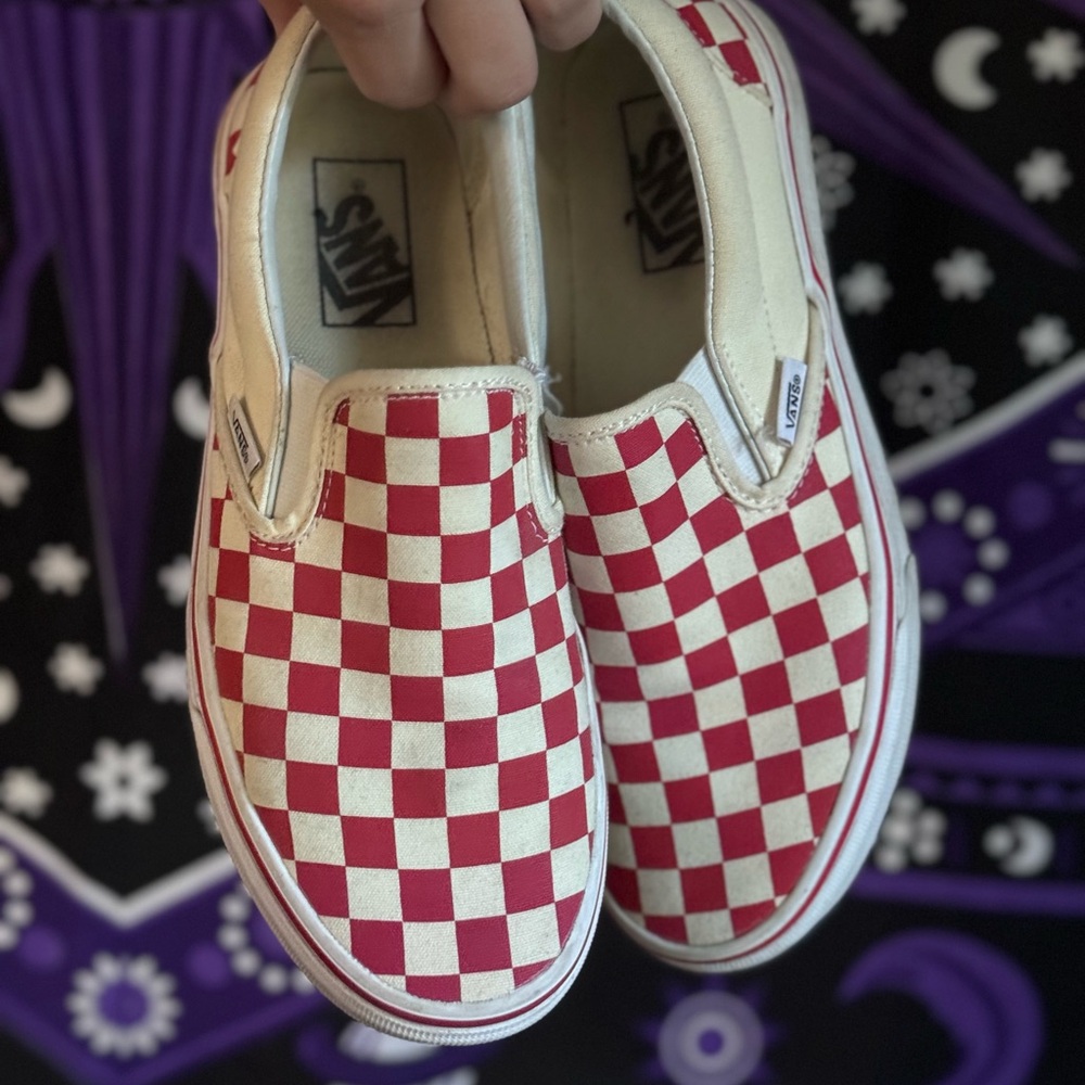 Red and White Checkered Slip On Vans